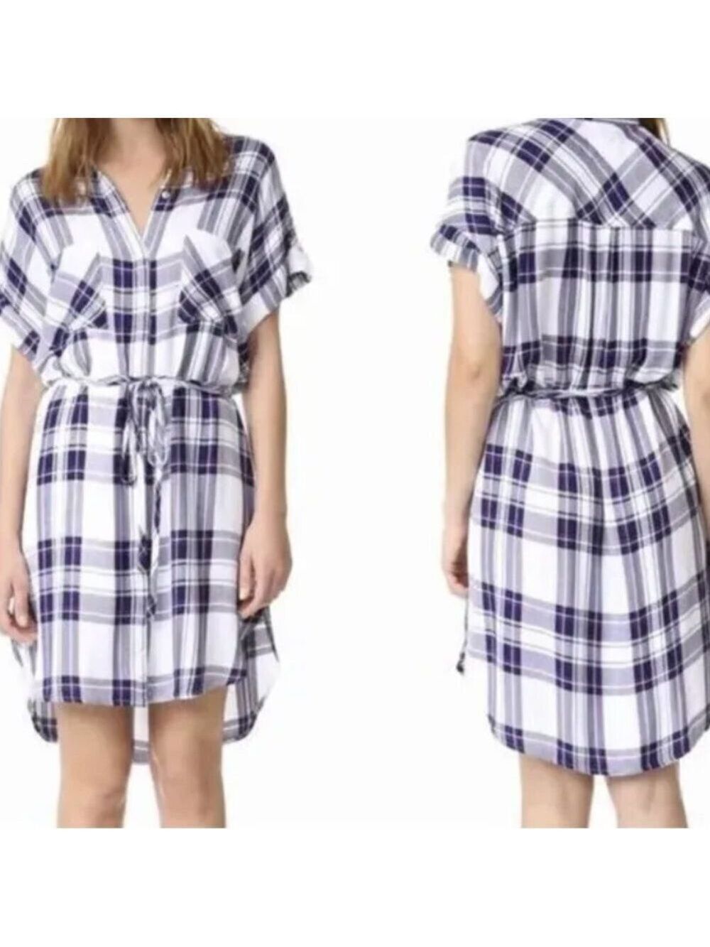 Rails Haley Plaid Shirt Dress White Blue Short Sleeve Medium